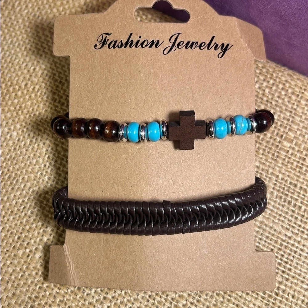 Wooden, Turquoise & Silver Bead and Braided Leather Bracelet Bundle (B)
